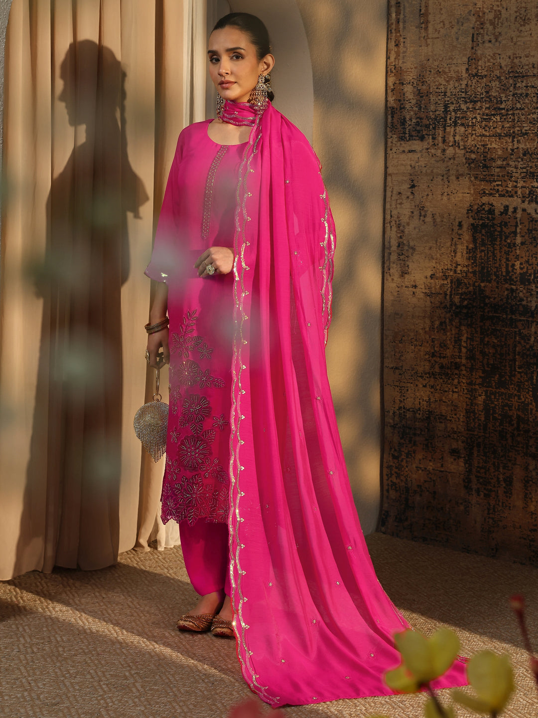  Pink Embroidered Silk Blend Straight Suit Set With Dupatta 