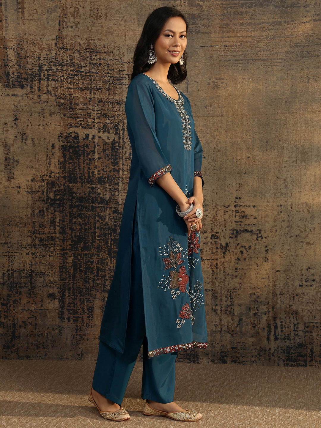  Teal Embroidered Silk Blend Straight Suit Set With Dupatta 