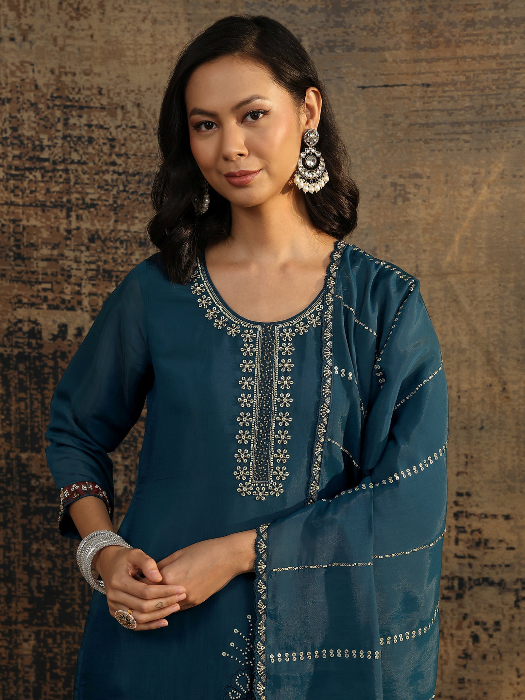  Teal Embroidered Silk Blend Straight Suit Set With Dupatta 