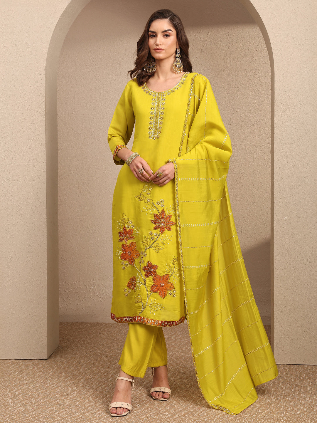  Lime Green Embroidered Silk Blend Straight Suit Set With Dupatta 