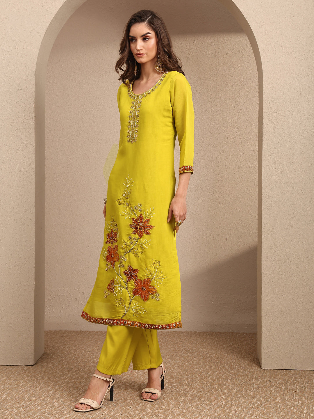  Lime Green Embroidered Silk Blend Straight Suit Set With Dupatta 