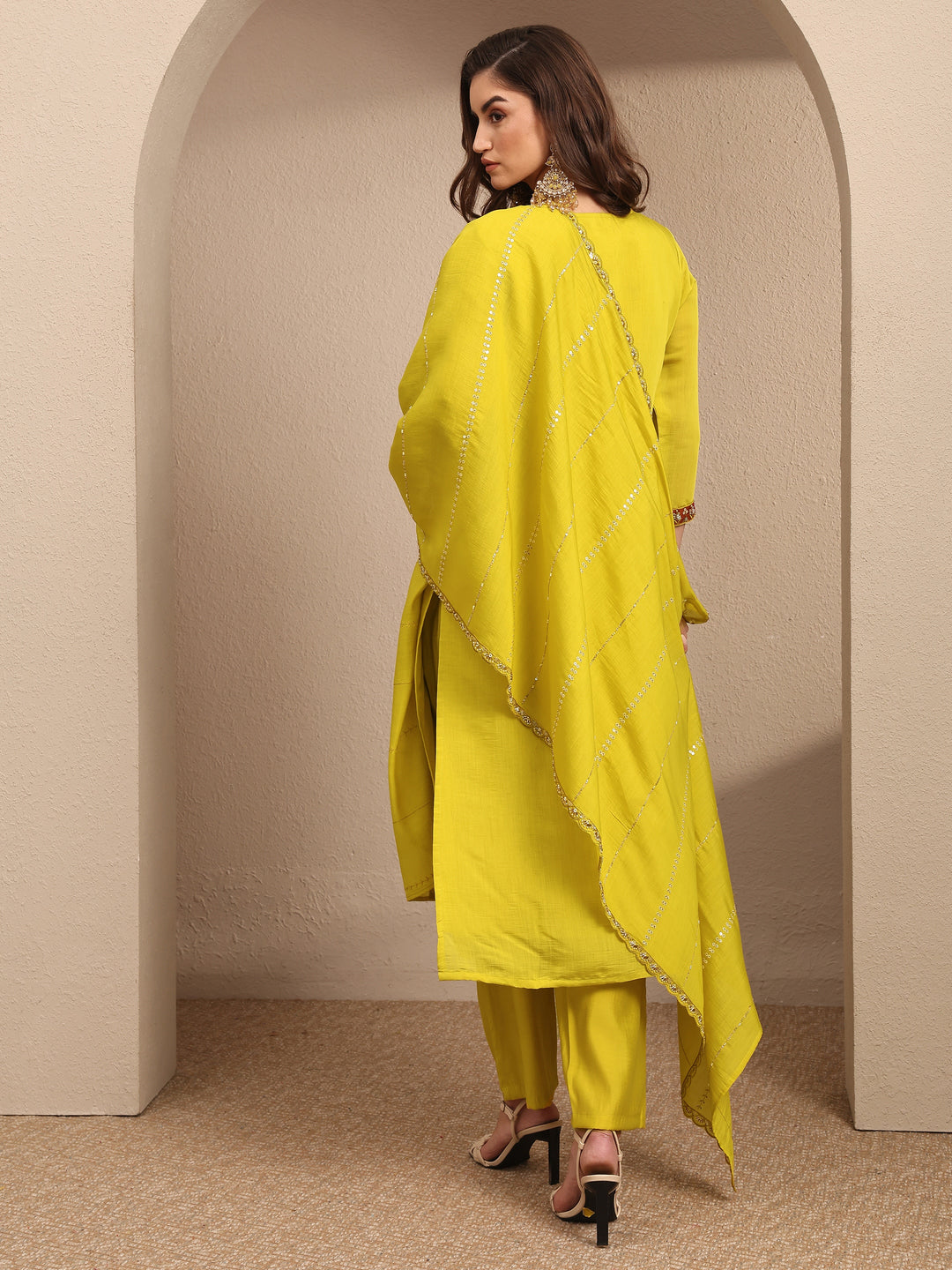  Lime Green Embroidered Silk Blend Straight Suit Set With Dupatta 