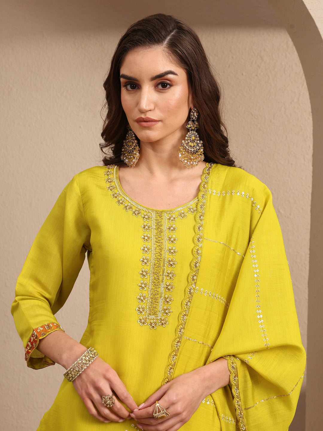  Lime Green Embroidered Silk Blend Straight Suit Set With Dupatta 