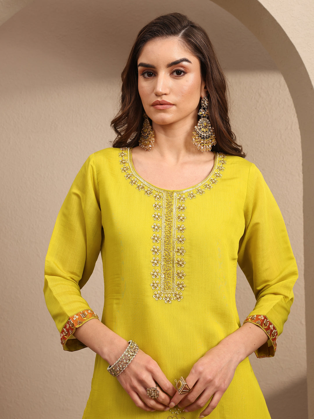  Lime Green Embroidered Silk Blend Straight Suit Set With Dupatta 