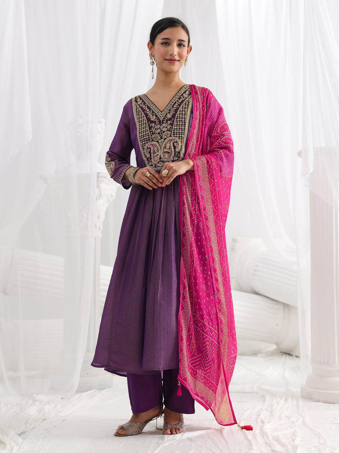  Libas Art Purple Paisley Embroidered Silk Blend A-Line Suit Set With Dupatta 