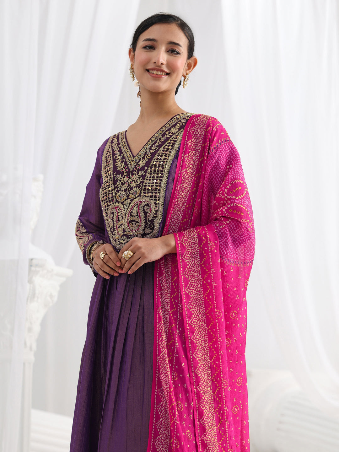 Libas Art Purple Paisley Embroidered Silk Blend A-Line Suit Set With Dupatta 