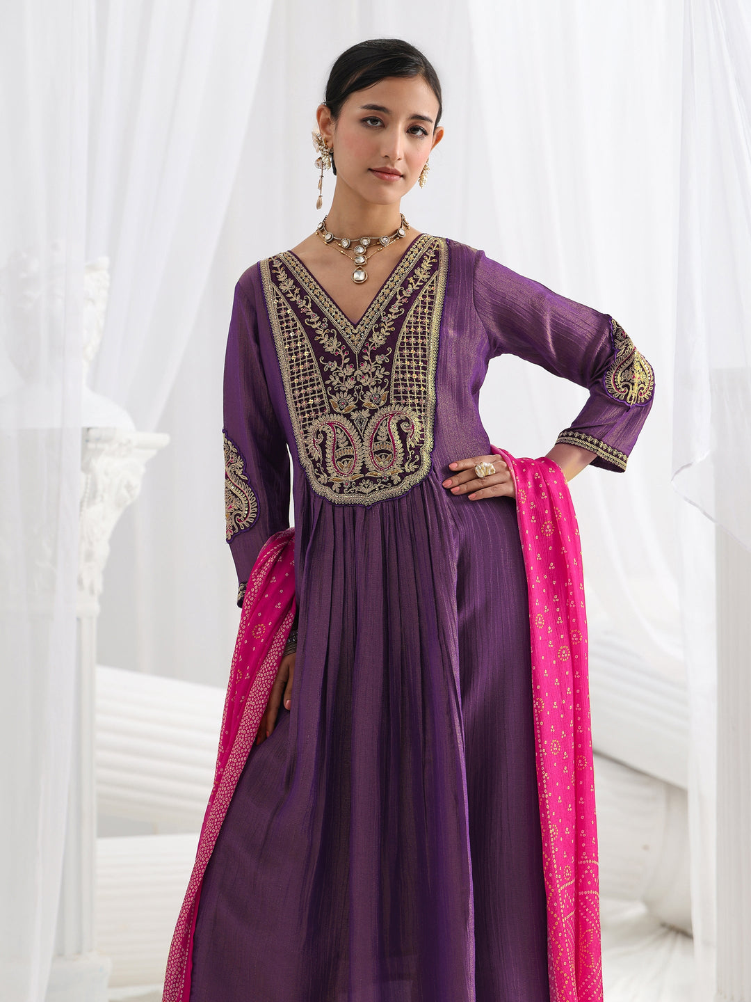 Libas Art Purple Paisley Embroidered Silk Blend A-Line Suit Set With Dupatta