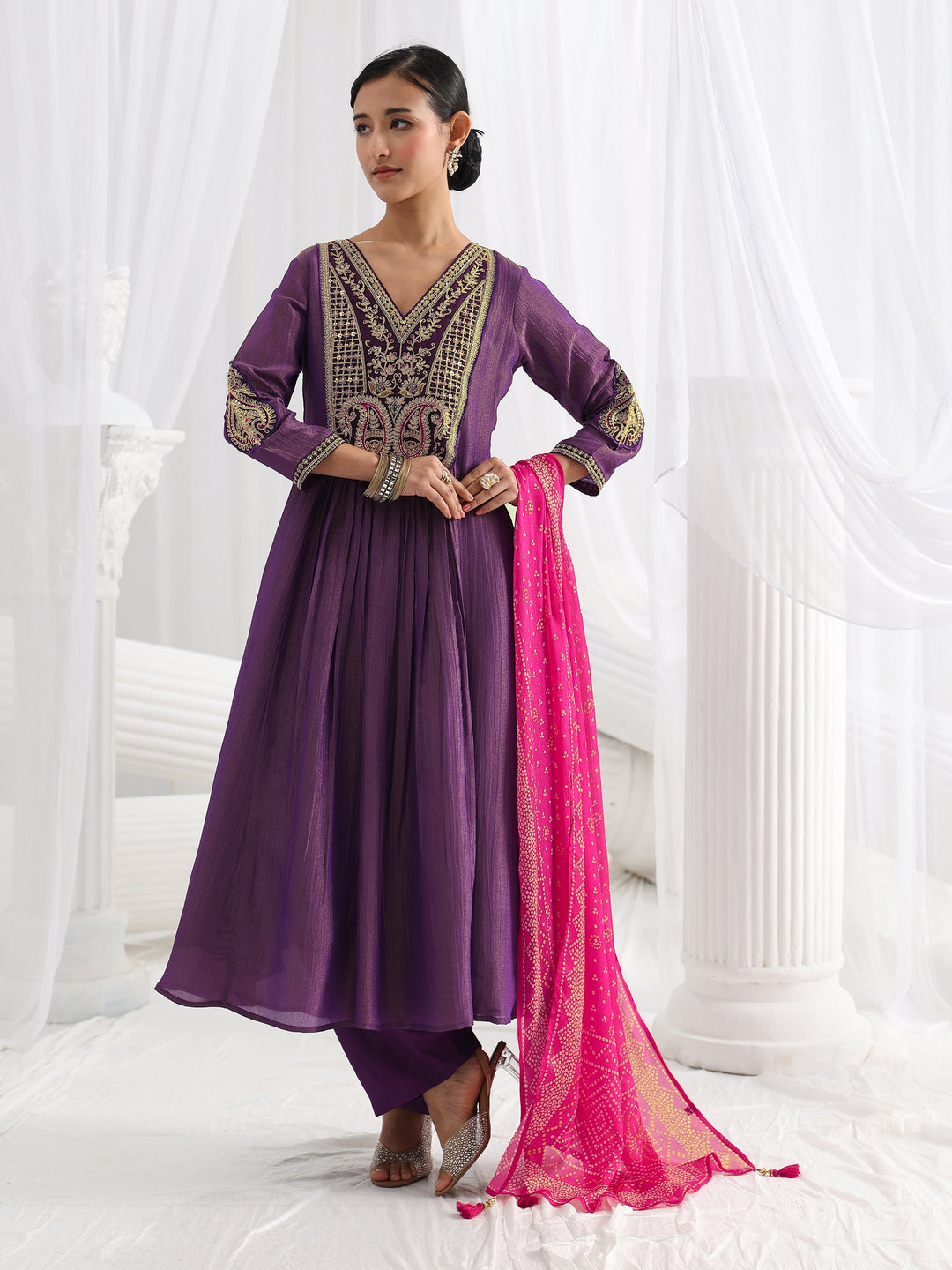  Libas Art Purple Paisley Embroidered Silk Blend A-Line Suit Set With Dupatta 