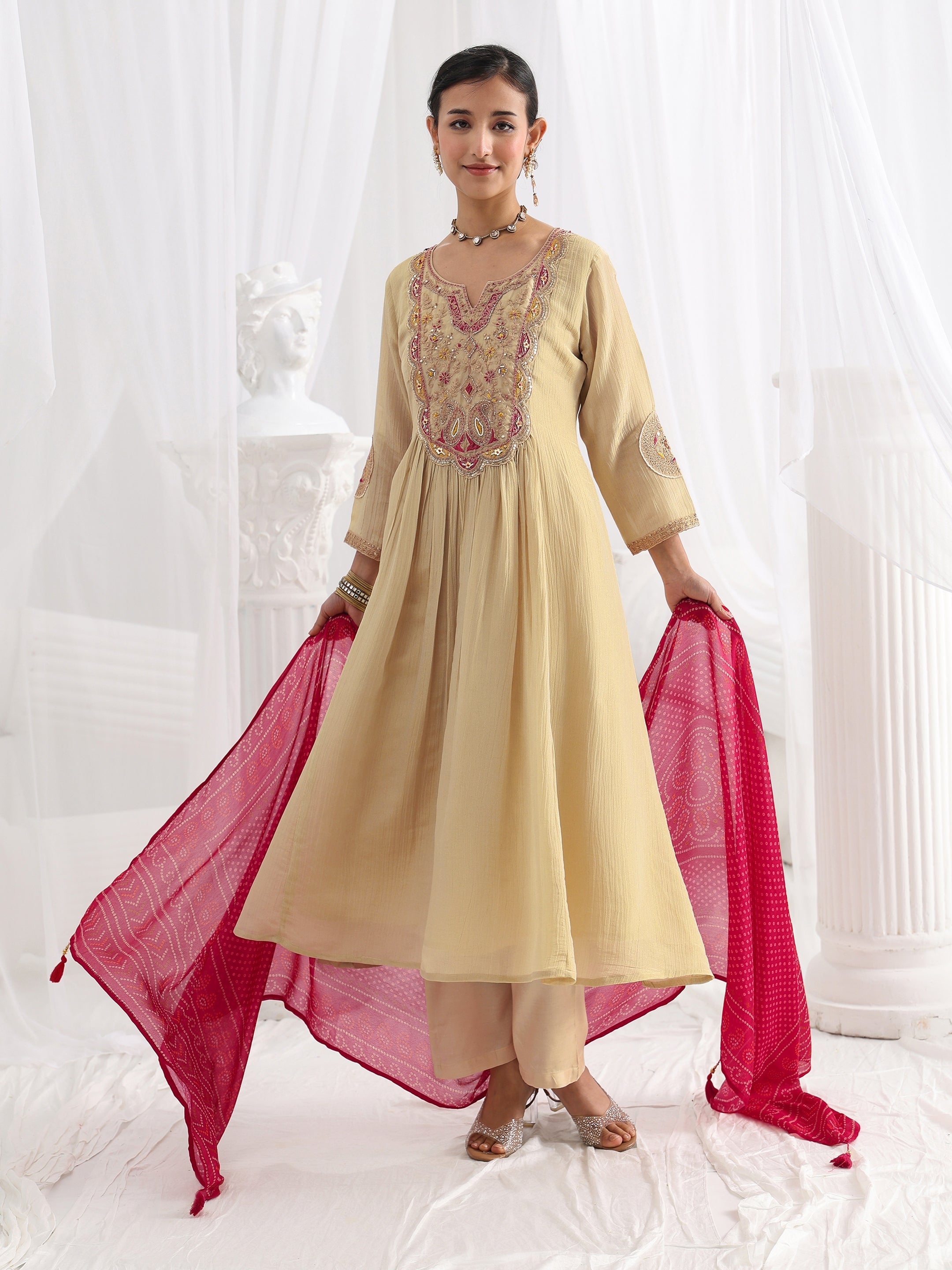 Libas Art Beige Paisley Embroidered Silk Blend A-Line Suit Set With Dupatta-image-43