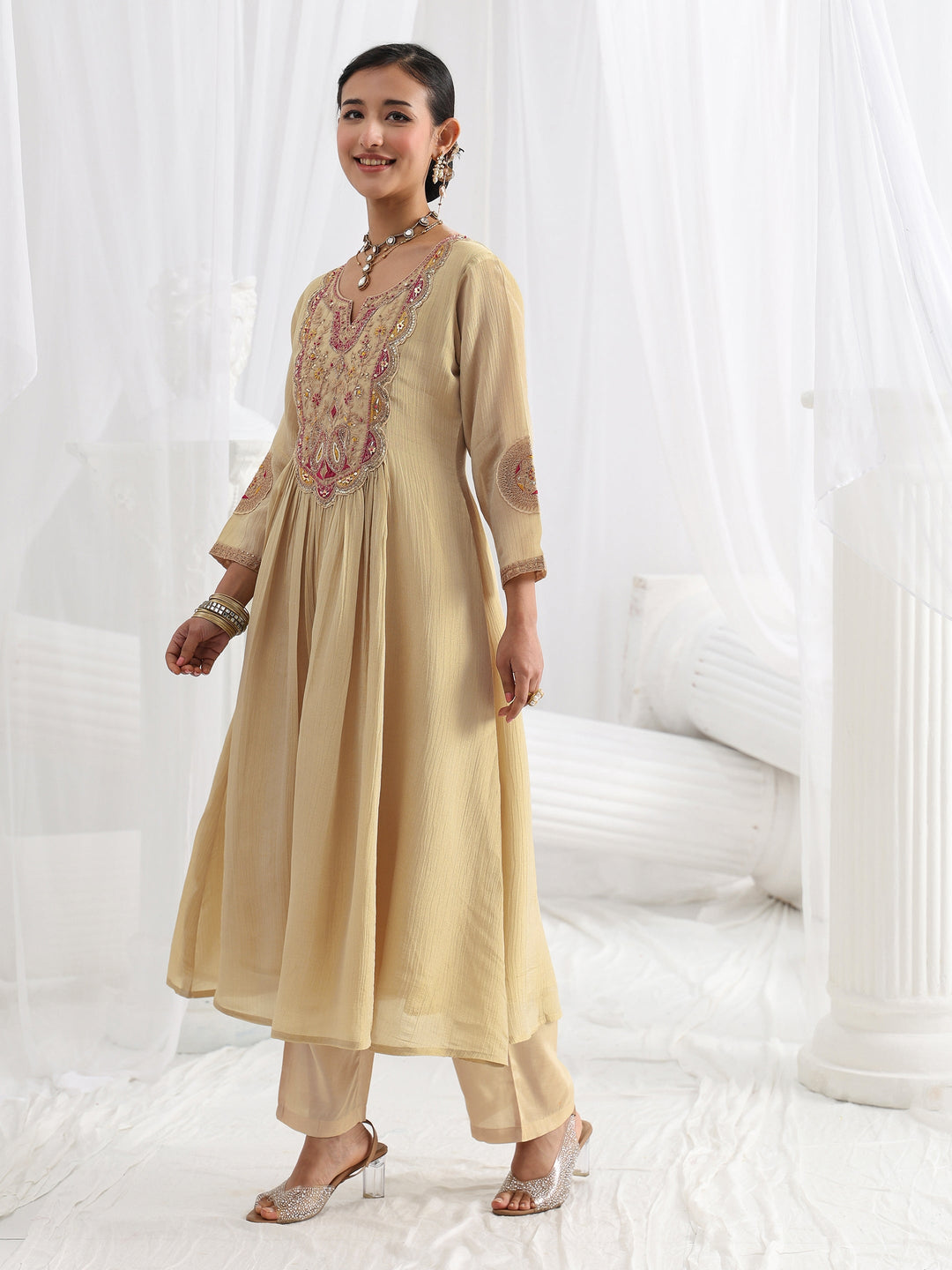 Libas Art Beige Paisley Embroidered Silk Blend A-Line Suit Set With Dupatta 