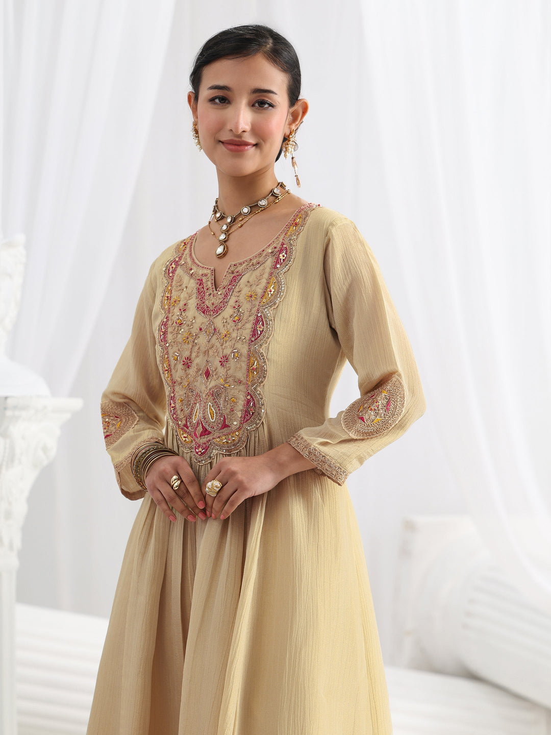  Libas Art Beige Paisley Embroidered Silk Blend A-Line Suit Set With Dupatta 