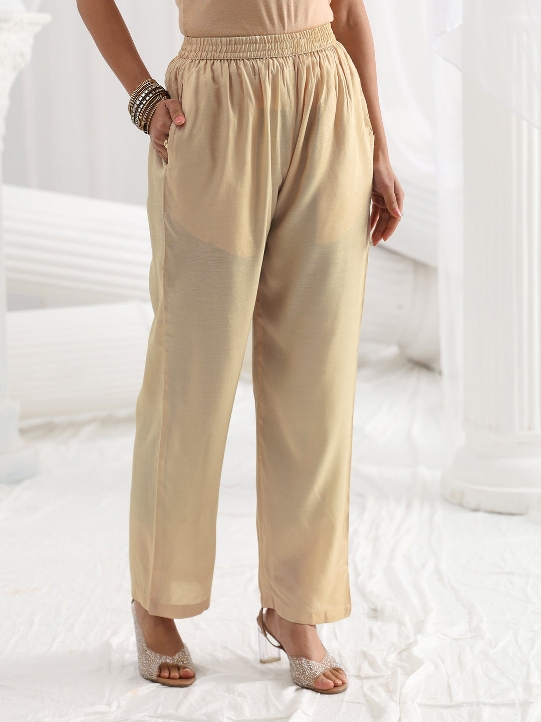  Libas Art Beige Paisley Embroidered Silk Blend A-Line Suit Set With Dupatta 