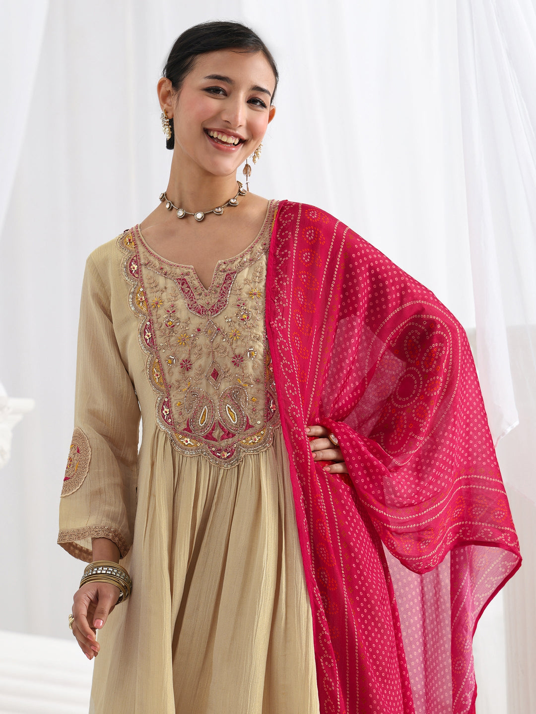  Libas Art Beige Paisley Embroidered Silk Blend A-Line Suit Set With Dupatta 