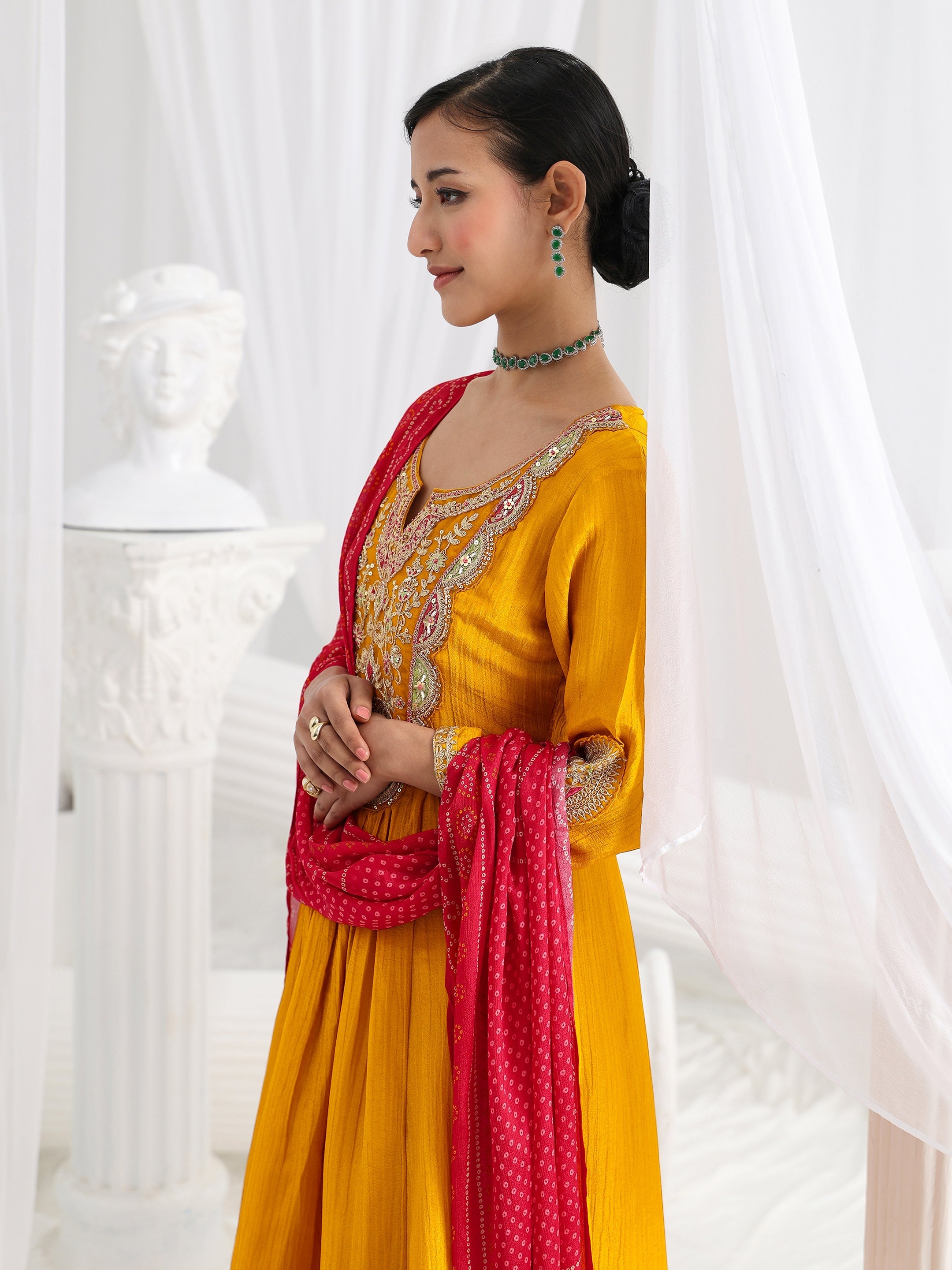 Libas Art Mustard Embroidered Silk Blend A-Line Suit Set With Dupatta-picture-47