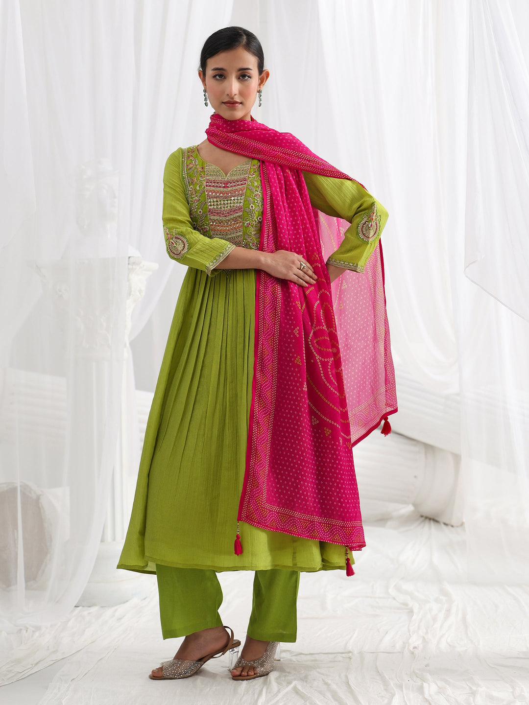 Libas Art Green Embroidered Silk Blend A-Line Suit Set With Dupatta