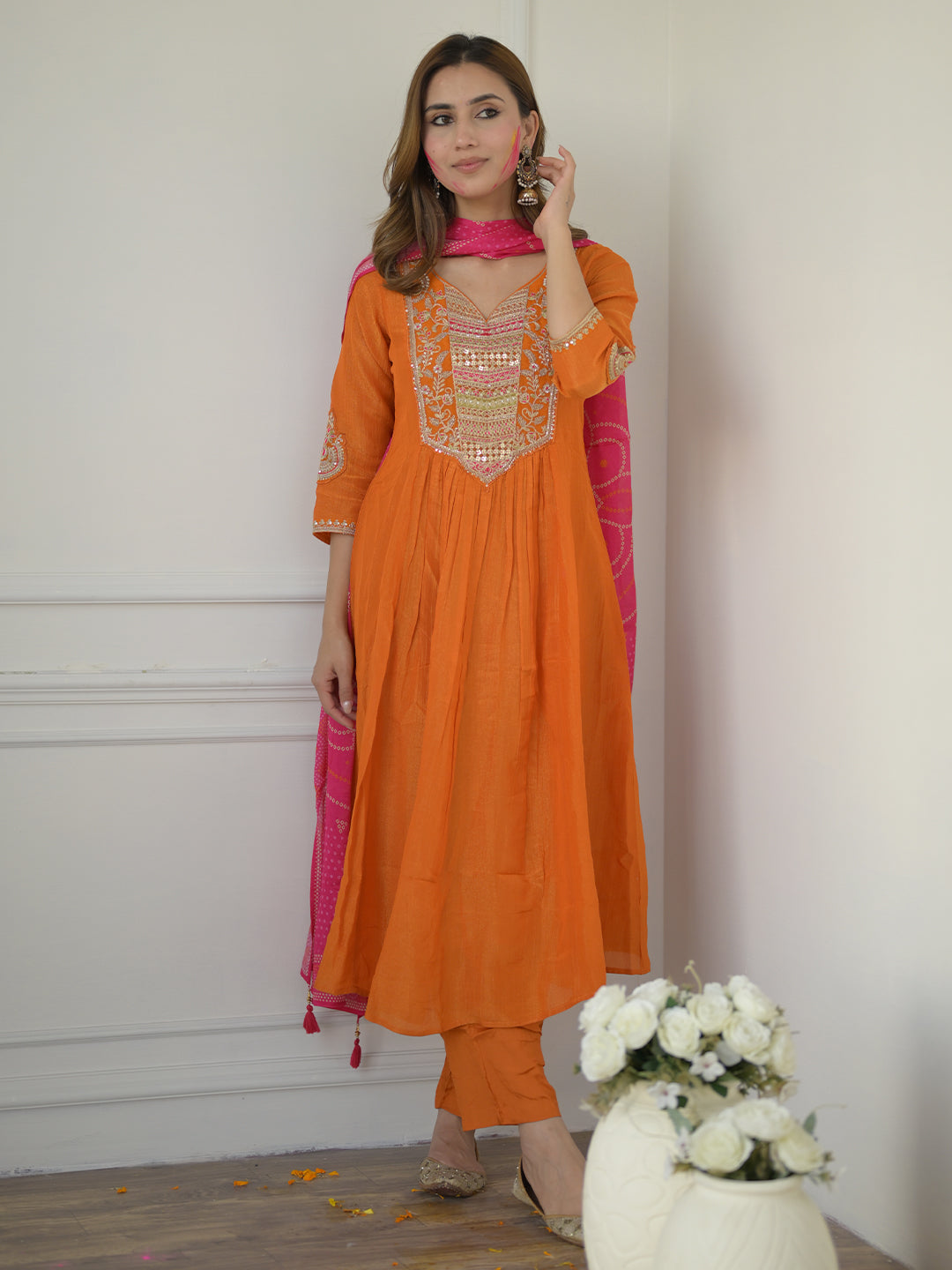  Libas Art Orange Embroidered Silk Blend Anarkali Suit Set With Dupatta 