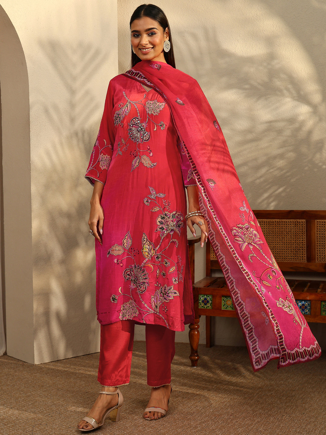  Red Printed Crepe Straight Suit Set With Dupatta 
