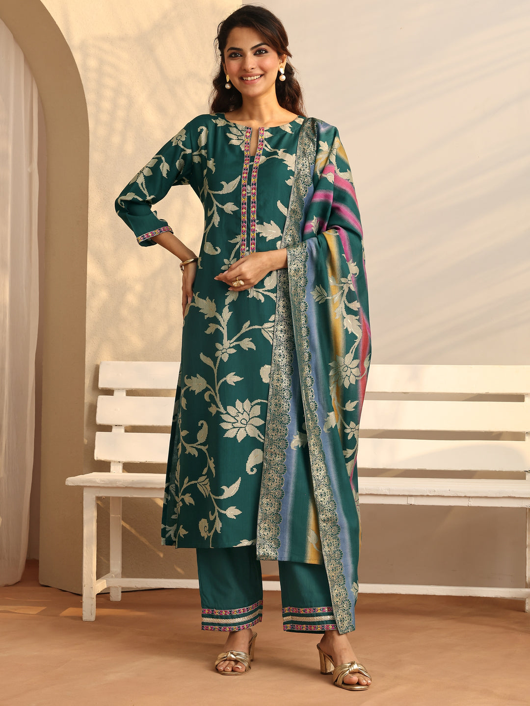  Teal Printed Silk Blend Straight Suit Set With Dupatta 