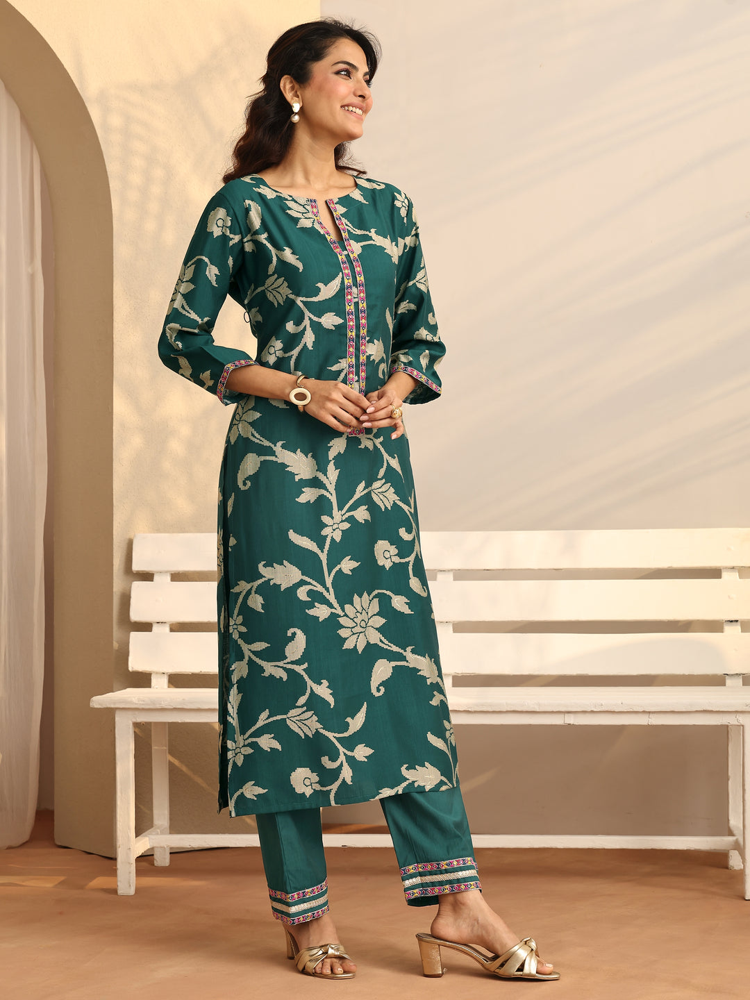  Teal Printed Silk Blend Straight Suit Set With Dupatta 
