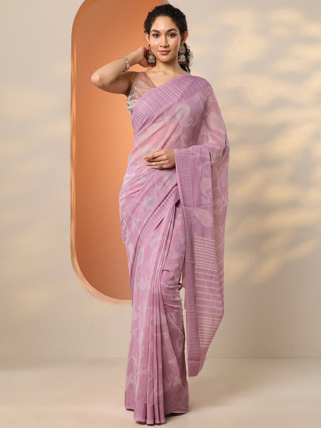  Pink Paisley Printed Georgette Saree With Unstitched Blouse Piece 
