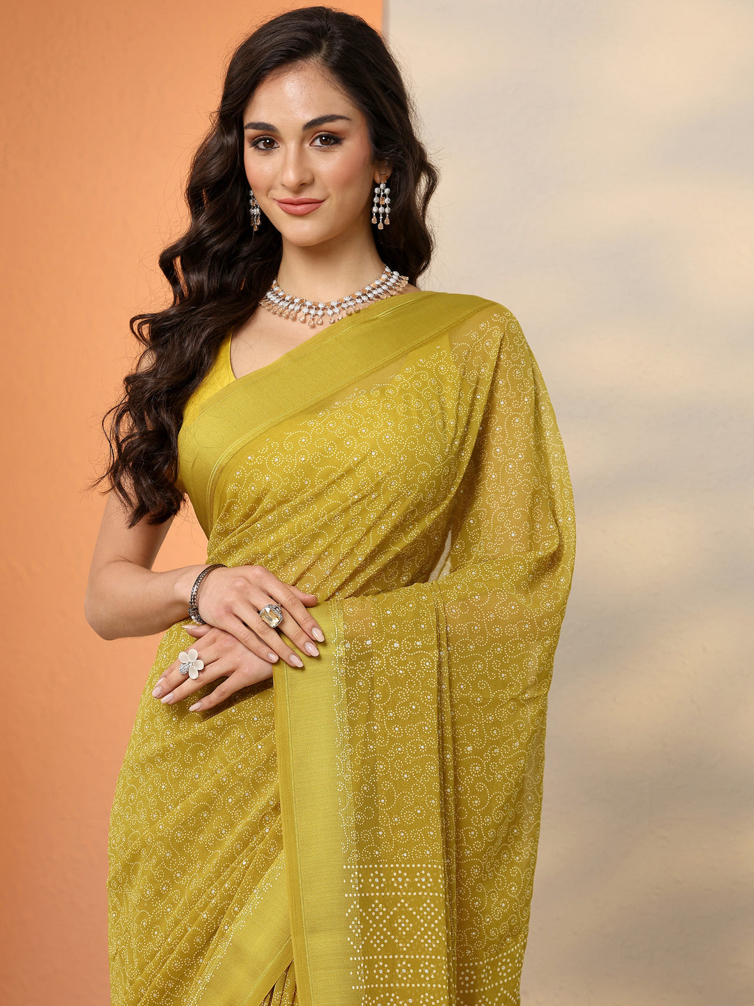  Green Bandhani Printed Georgette Saree With Unstitched Blouse Piece 