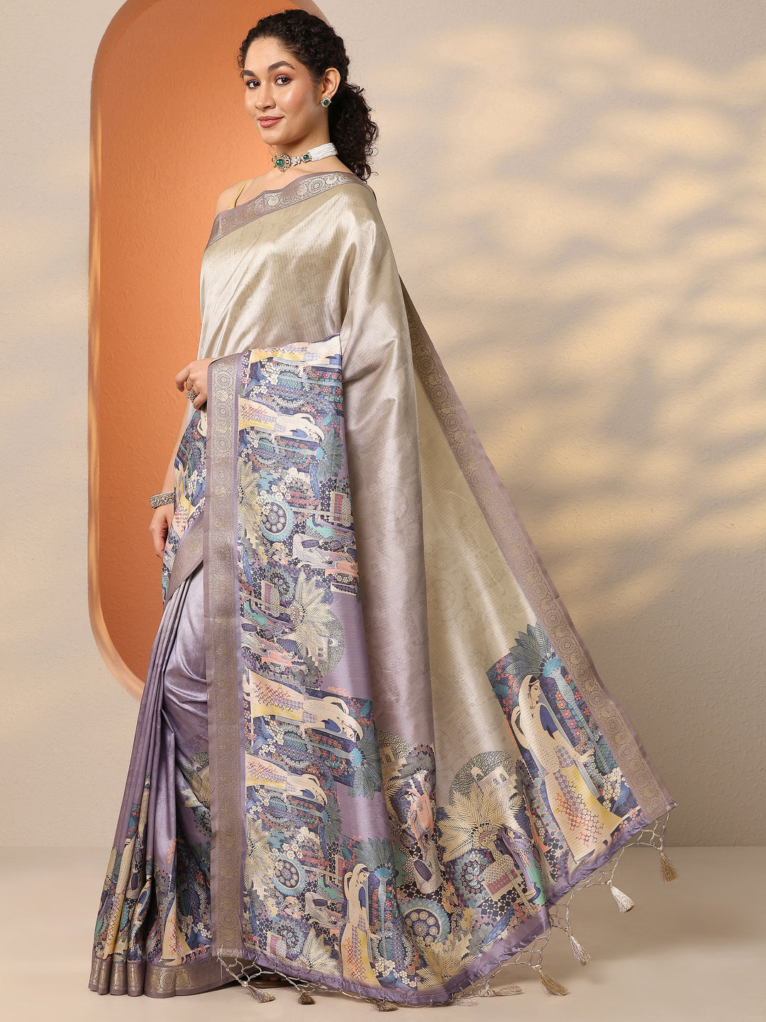  Lavender Tribal Printed Silk Blend Saree With Unstitched Blouse Piece 