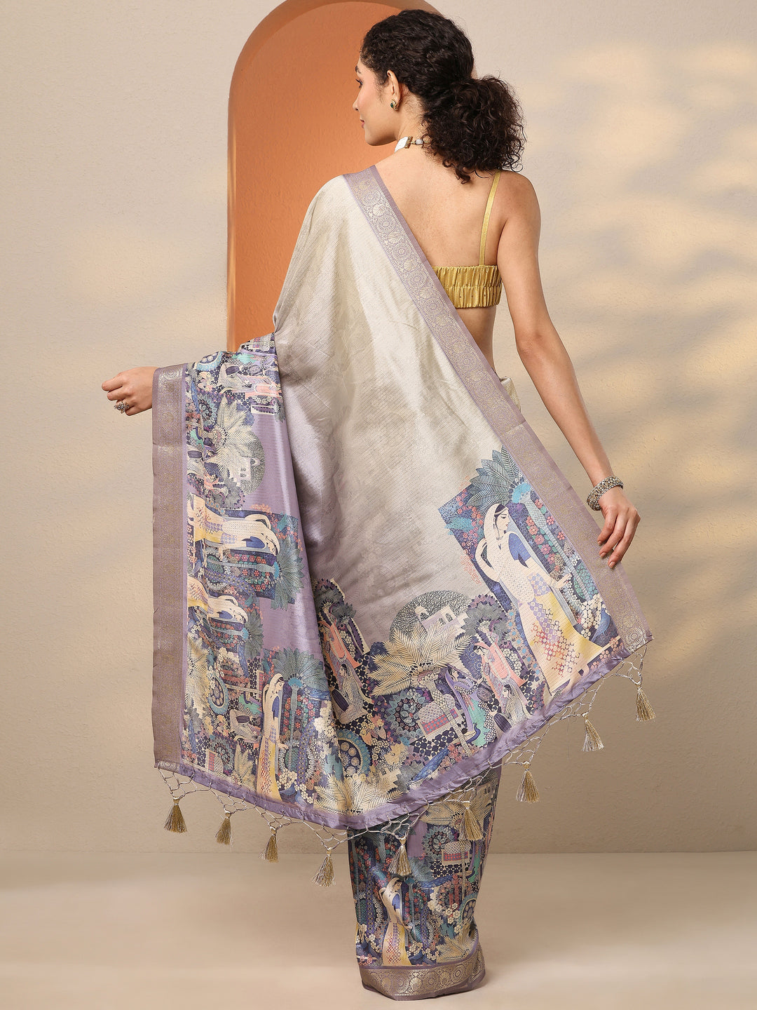  Lavender Tribal Printed Silk Blend Saree With Unstitched Blouse Piece 
