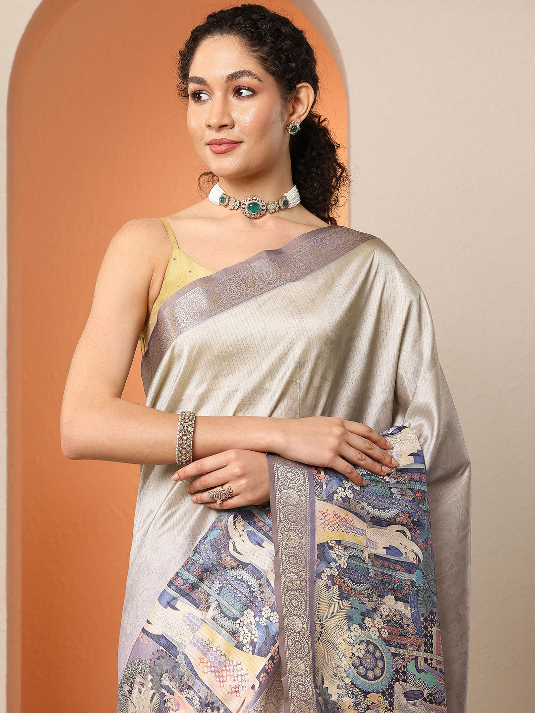  Lavender Tribal Printed Silk Blend Saree With Unstitched Blouse Piece 