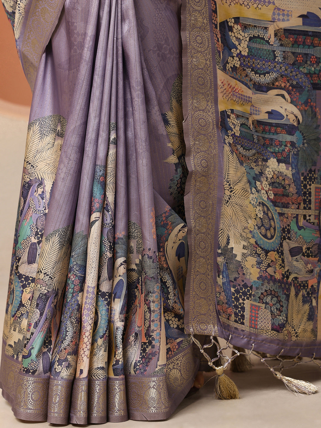  Lavender Tribal Printed Silk Blend Saree With Unstitched Blouse Piece 