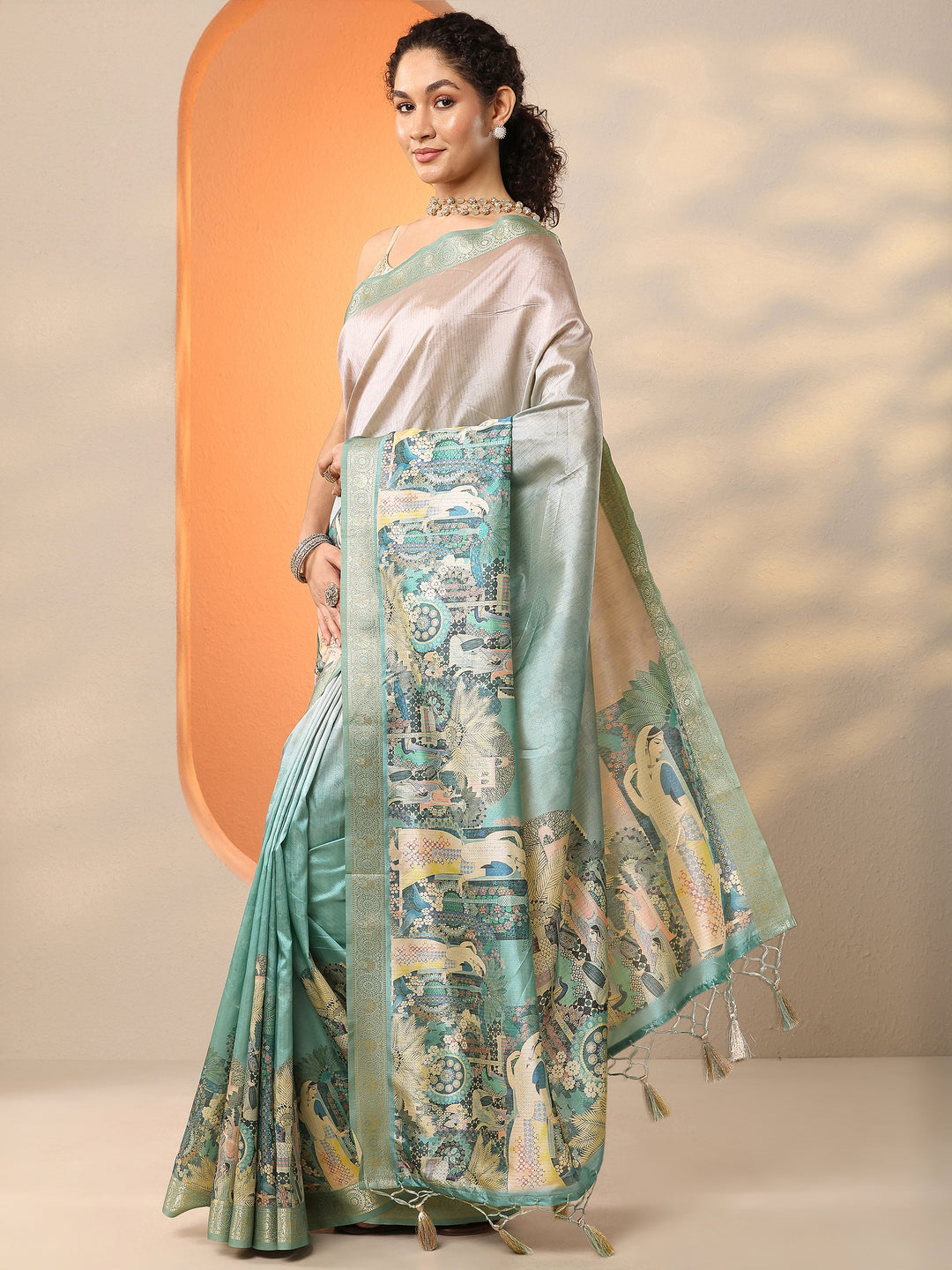  Green Tribal Printed Silk Blend Saree With Unstitched Blouse Piece 