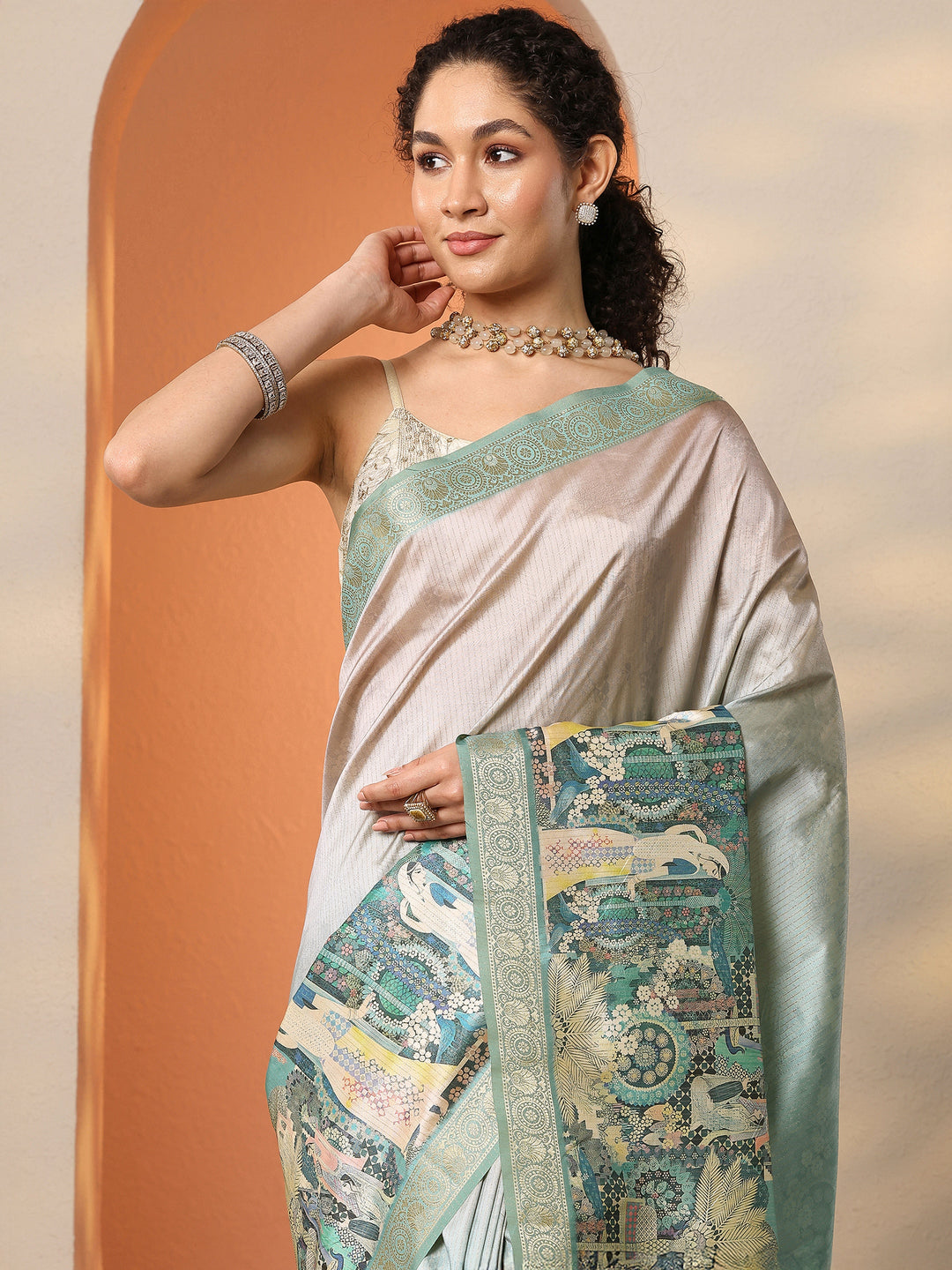  Green Tribal Printed Silk Blend Saree With Unstitched Blouse Piece 