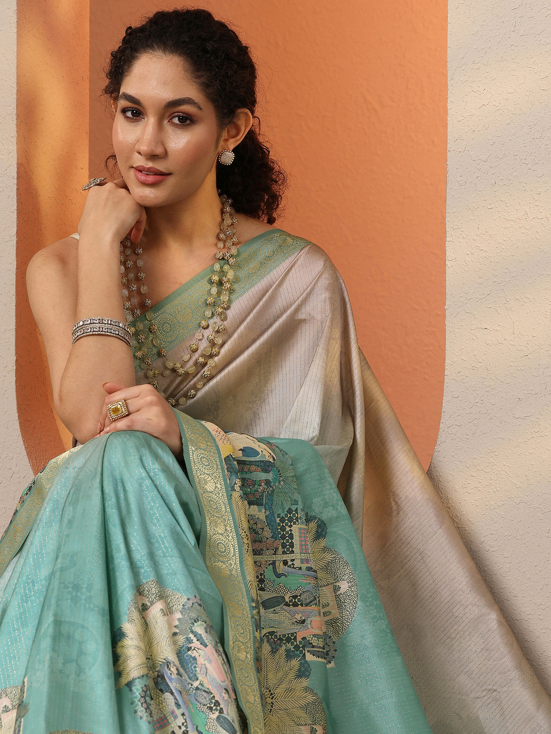  Green Tribal Printed Silk Blend Saree With Unstitched Blouse Piece 