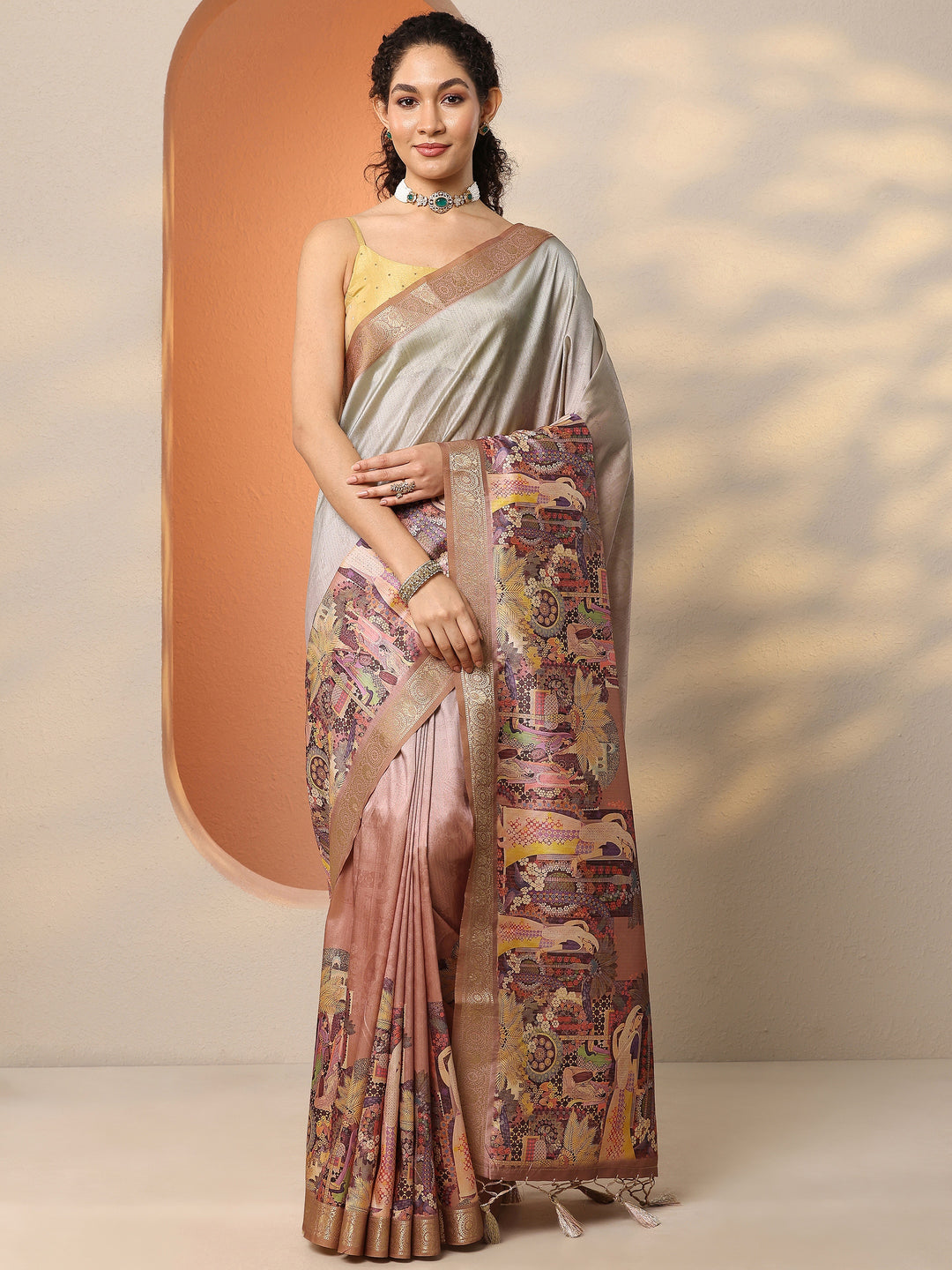  Peach Tribal Printed Silk Blend Saree With Unstitched Blouse Piece 