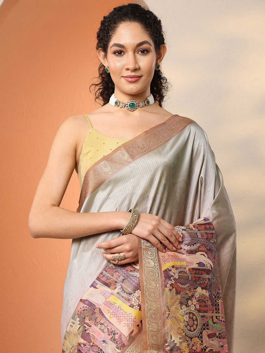  Peach Tribal Printed Silk Blend Saree With Unstitched Blouse Piece 