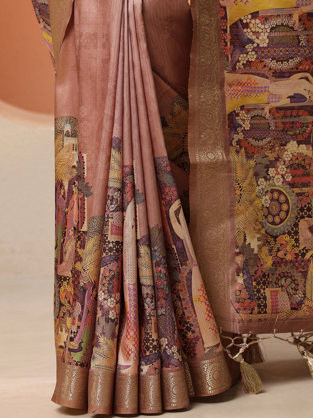  Peach Tribal Printed Silk Blend Saree With Unstitched Blouse Piece 