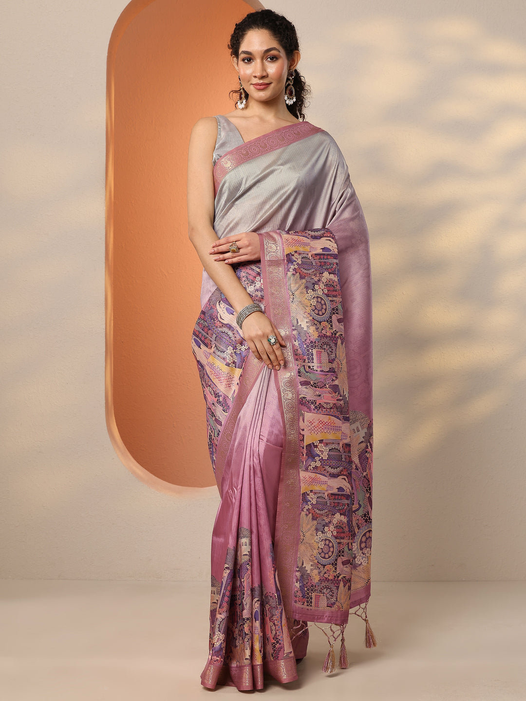  Pink Tribal Printed Silk Blend Saree With Unstitched Blouse Piece 