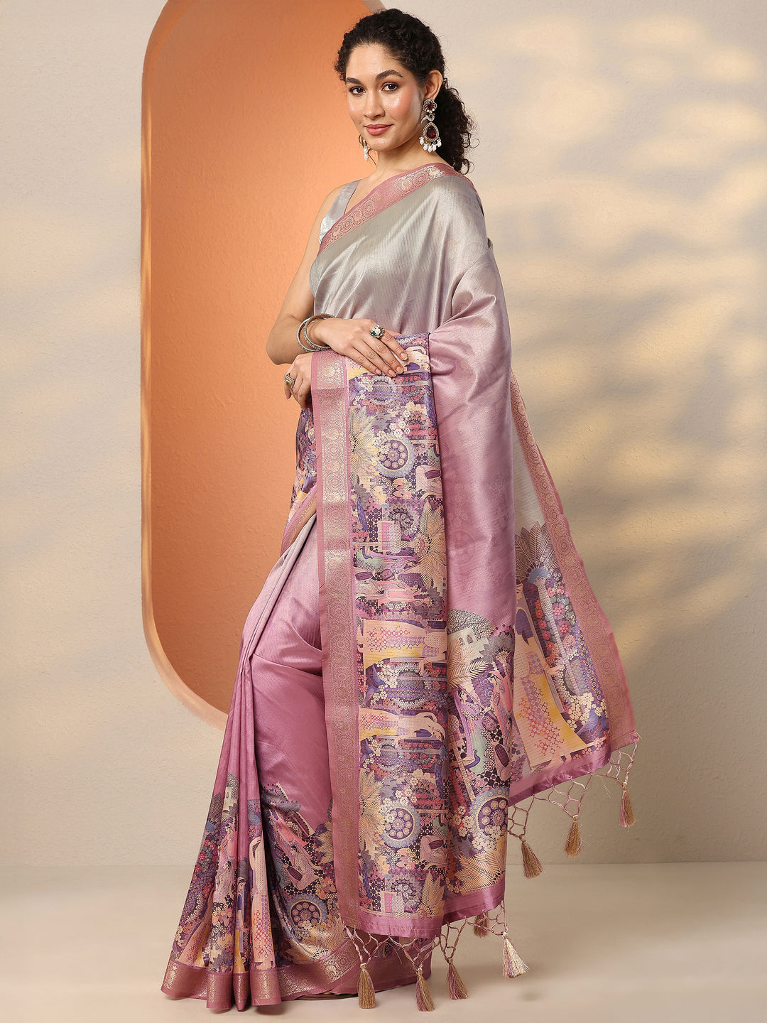  Pink Tribal Printed Silk Blend Saree With Unstitched Blouse Piece 