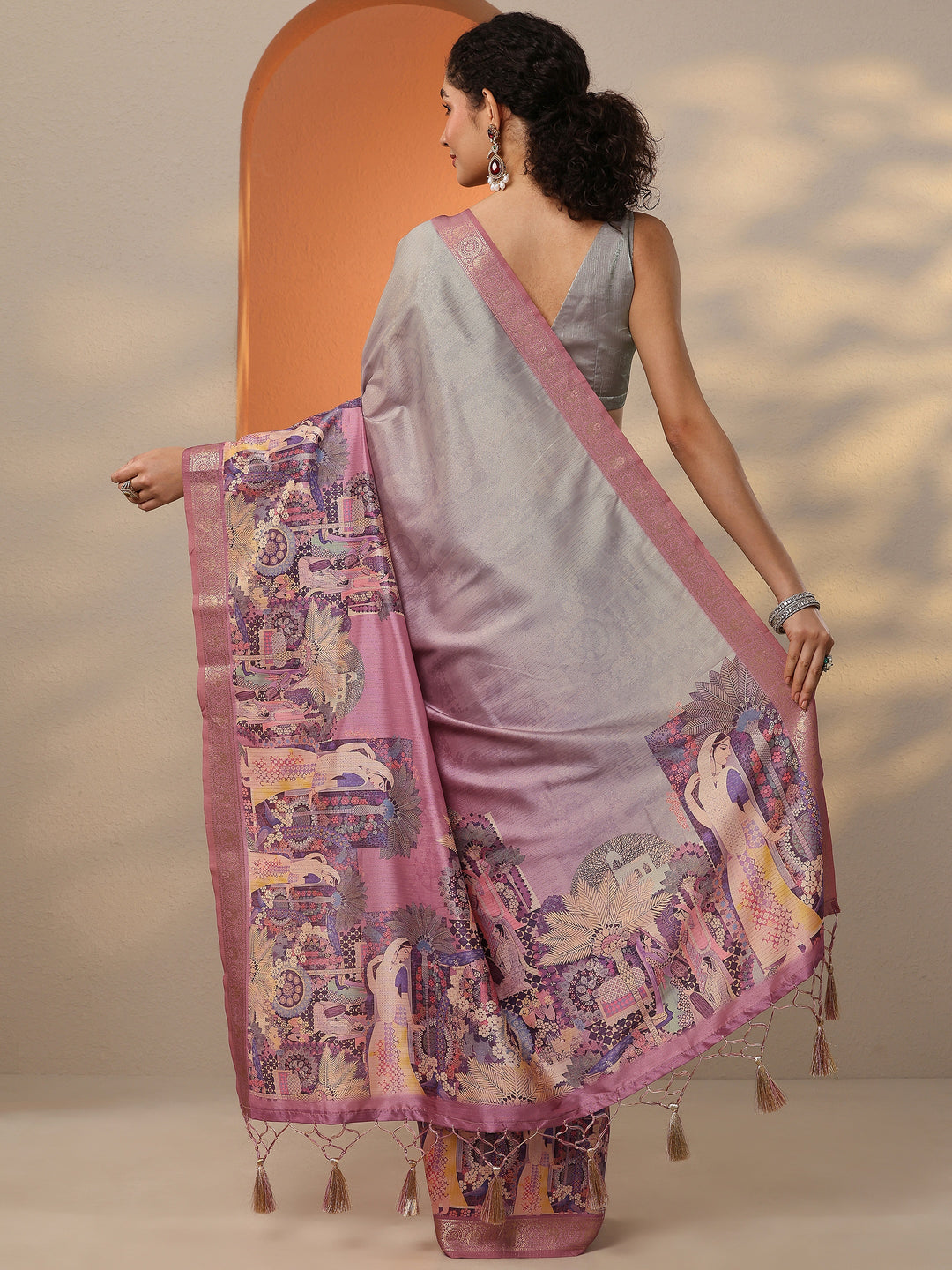  Pink Tribal Printed Silk Blend Saree With Unstitched Blouse Piece 