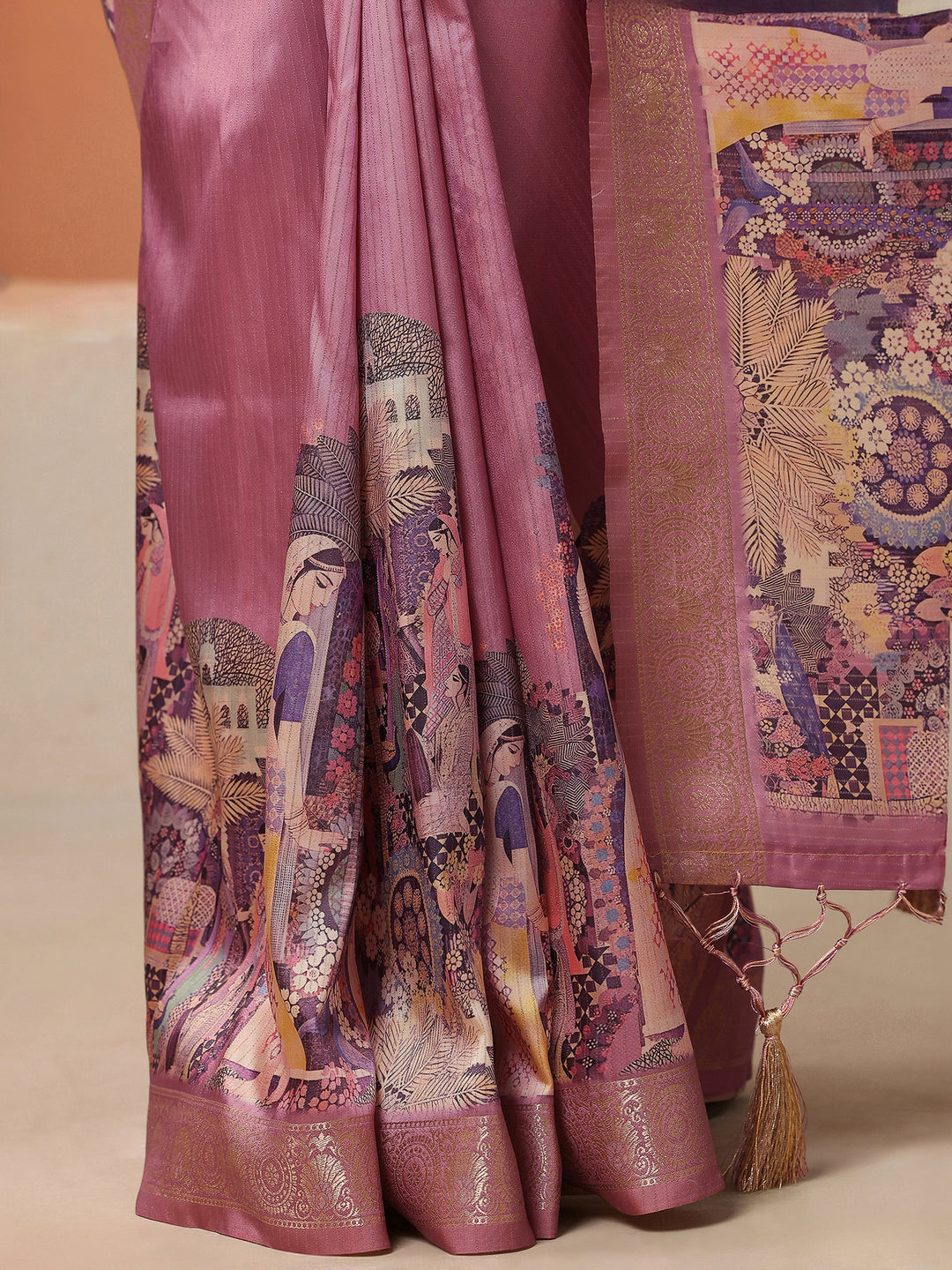  Pink Tribal Printed Silk Blend Saree With Unstitched Blouse Piece 
