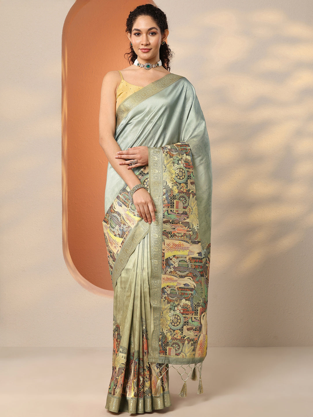  Sea Green Tribal Printed Silk Blend Saree With Unstitched Blouse Piece 