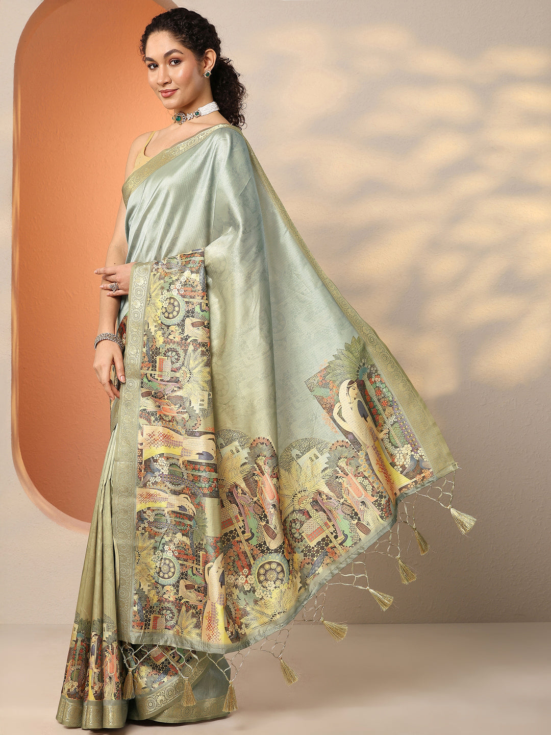  Sea Green Tribal Printed Silk Blend Saree With Unstitched Blouse Piece 