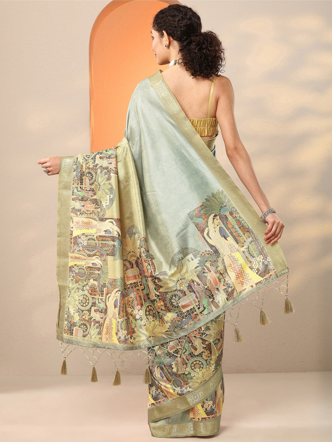  Sea Green Tribal Printed Silk Blend Saree With Unstitched Blouse Piece 