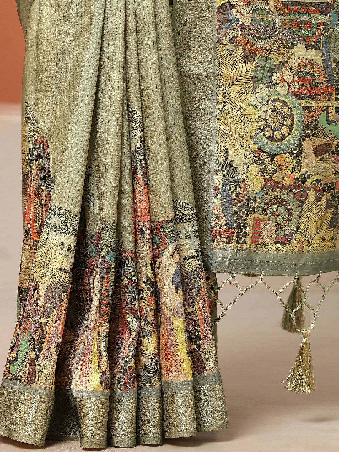  Sea Green Tribal Printed Silk Blend Saree With Unstitched Blouse Piece 