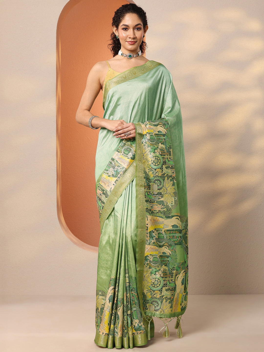  Green Tribal Printed Silk Blend Saree With Unstitched Blouse Piece 