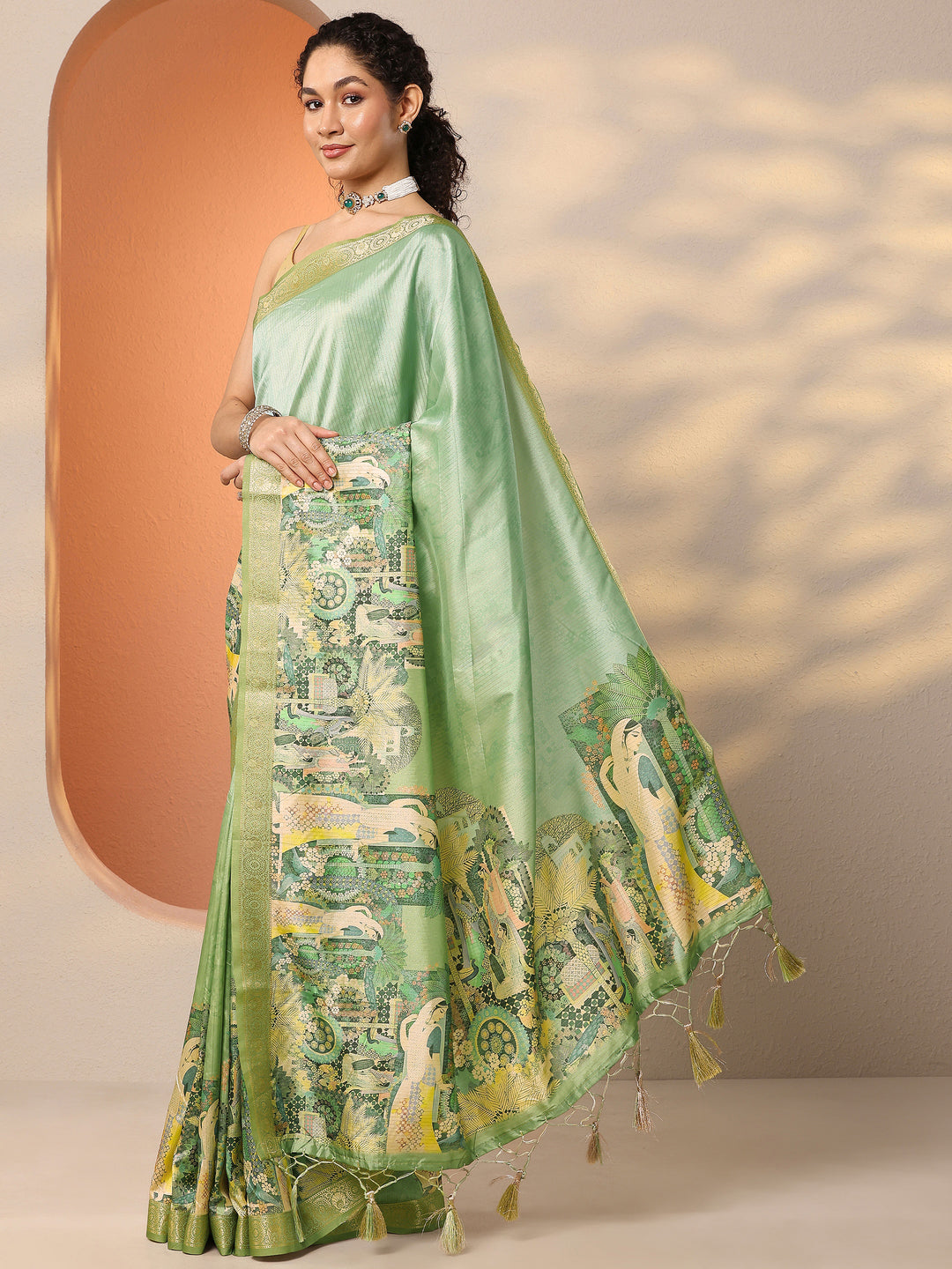  Green Tribal Printed Silk Blend Saree With Unstitched Blouse Piece 