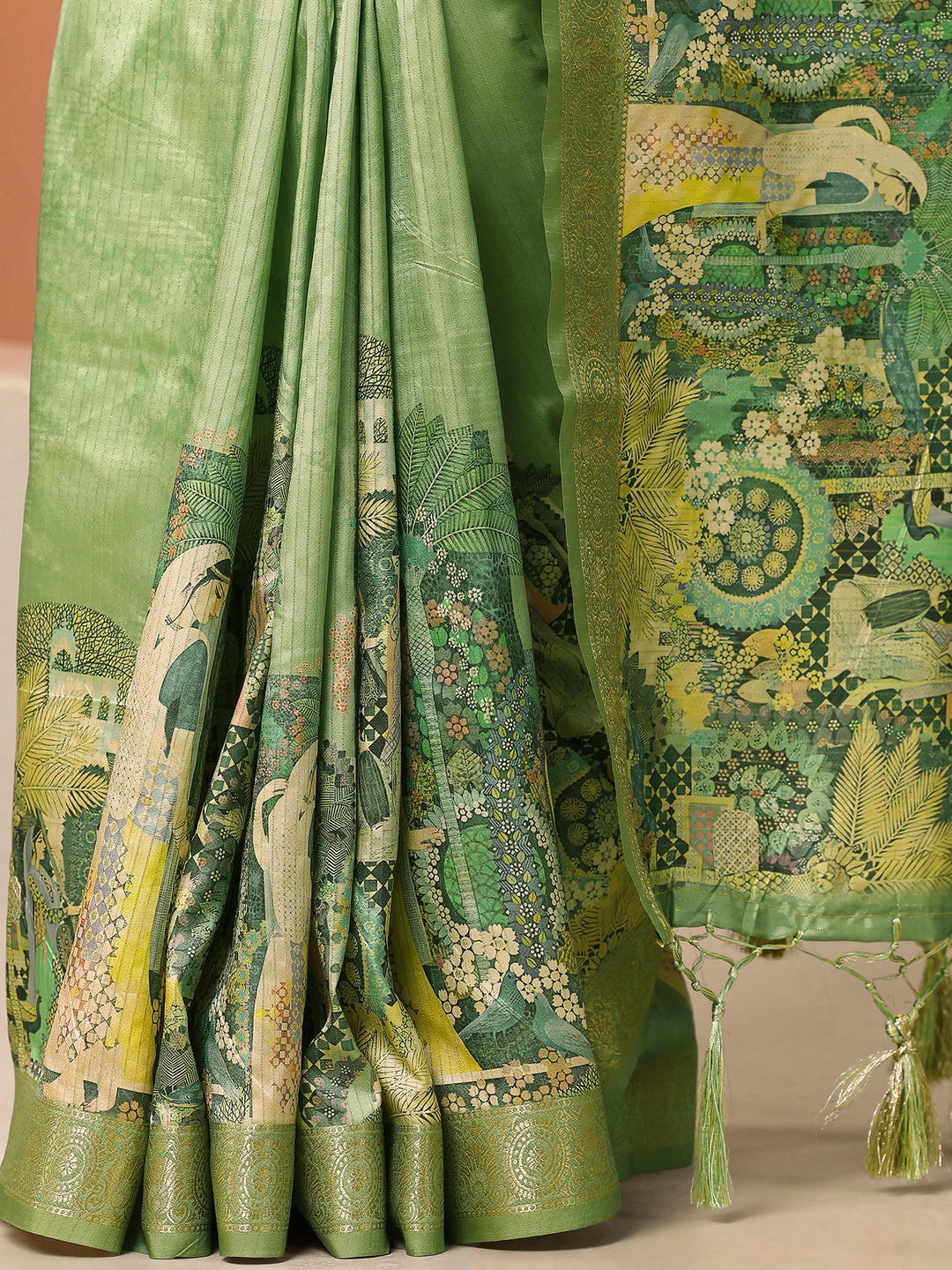  Green Tribal Printed Silk Blend Saree With Unstitched Blouse Piece 