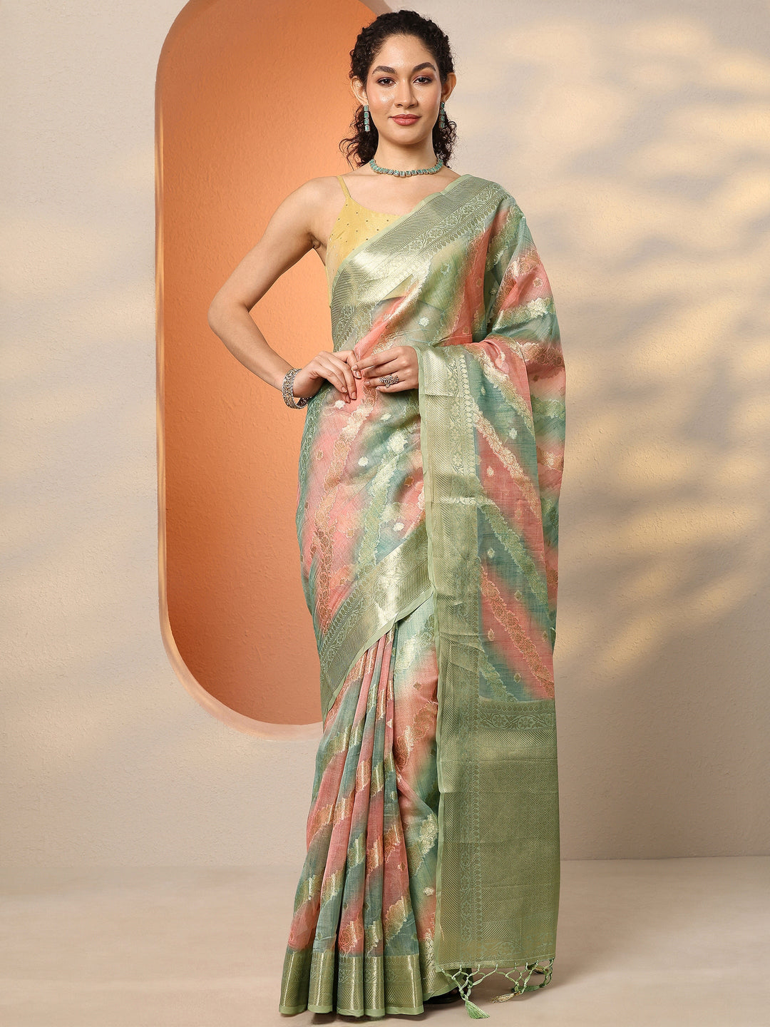  Multi Woven Design Silk Blend Saree With Unstitched Blouse Piece 