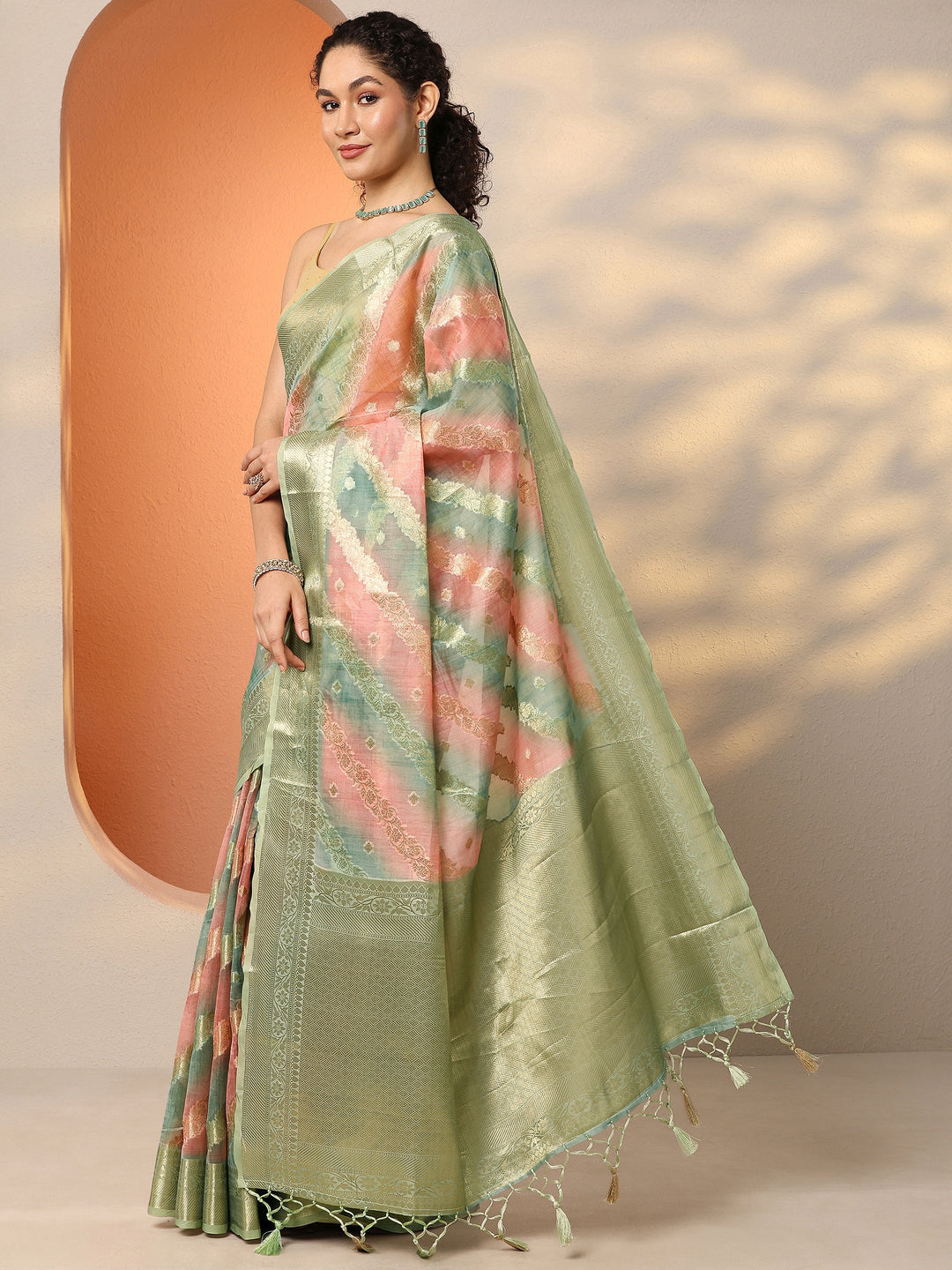  Multi Woven Design Silk Blend Saree With Unstitched Blouse Piece 