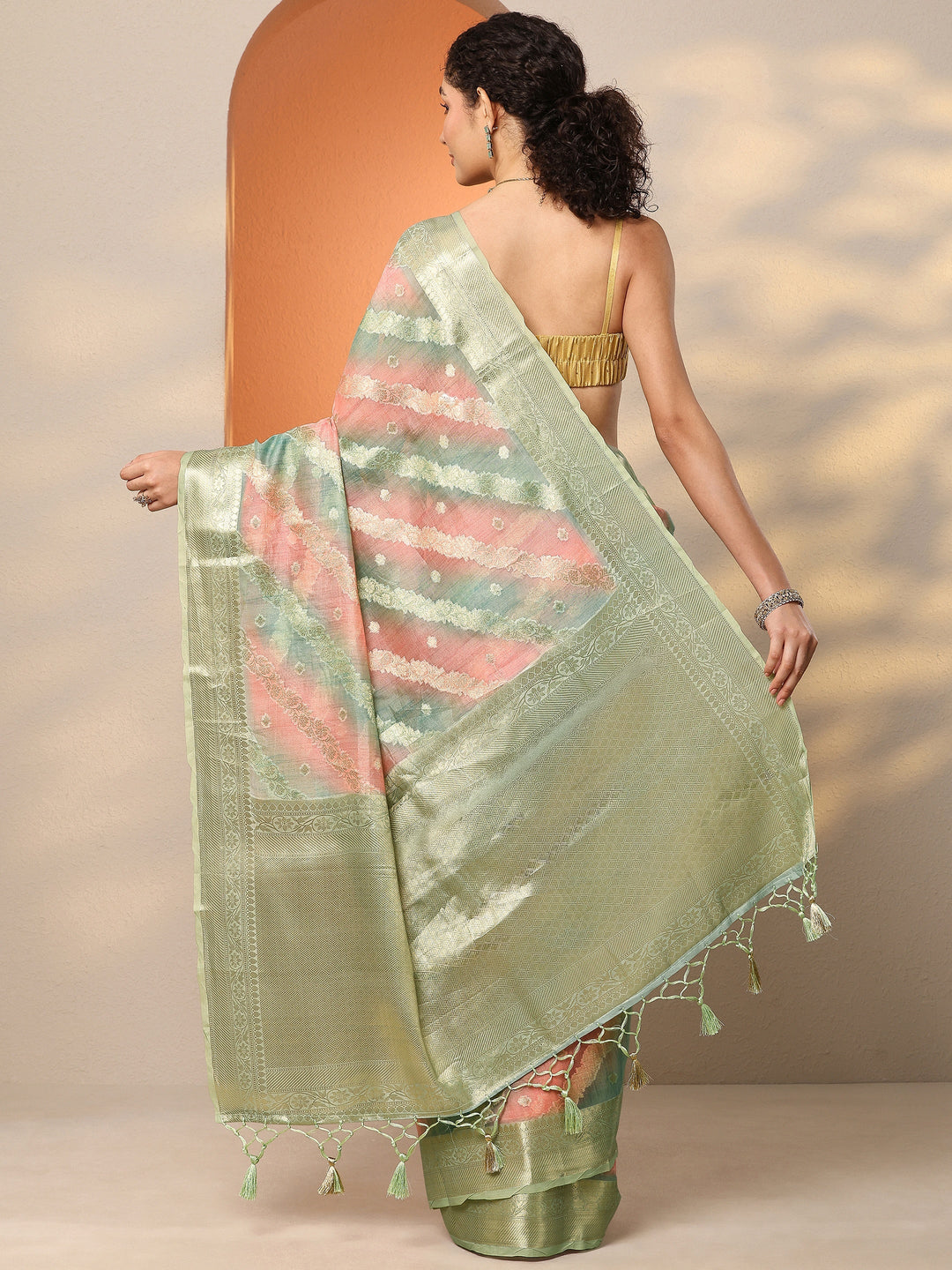  Multi Woven Design Silk Blend Saree With Unstitched Blouse Piece 