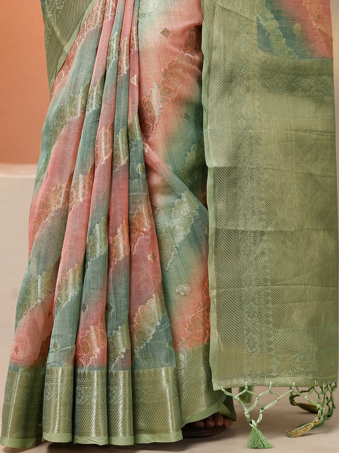 Multi Woven Design Silk Blend Saree With Unstitched Blouse Piece 